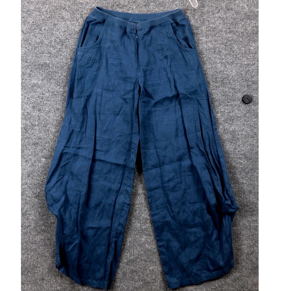 Vivid Linen Blue Wide Leg Lantern Pants Ribbed Waist 2 Billow Harem Barrel $148